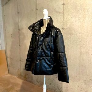 INC Black Leather Puffer Jacket Parka Small S